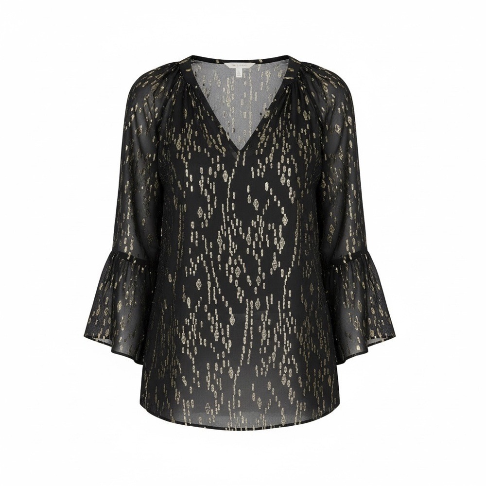 Lilly Pulitzer Blouse Womens S Black Gold Silk Metallic Tie Neck Bell Sleeve Top